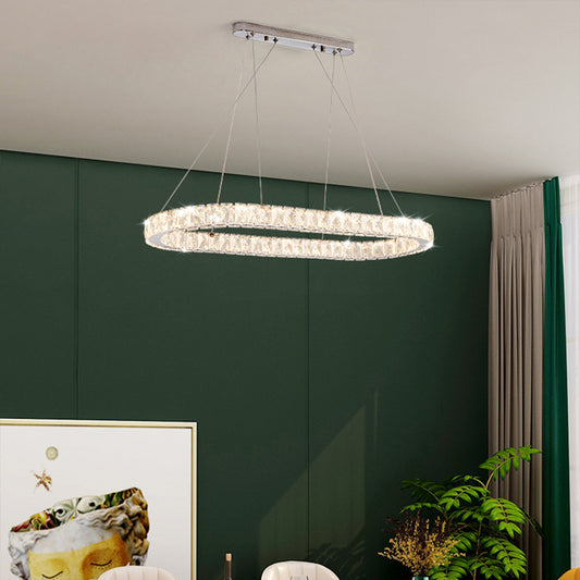 Minimalist Oblong LED Hanging Light Crystal Dining Room Chandelier Pendant in Chrome Chrome Clearhalo 'Ceiling Lights' 'Chandeliers' 'Modern Chandeliers' 'Modern' Lighting' 2405030