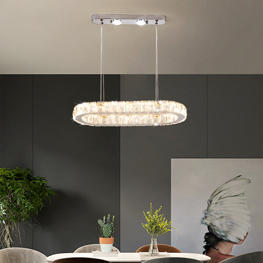 Minimalist Oblong LED Hanging Light Crystal Dining Room Chandelier Pendant in Chrome Clearhalo 'Ceiling Lights' 'Chandeliers' 'Modern Chandeliers' 'Modern' Lighting' 2405032