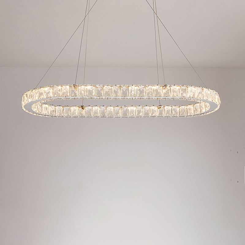 Minimalist Oblong LED Hanging Light Crystal Dining Room Chandelier Pendant in Chrome Clearhalo 'Ceiling Lights' 'Chandeliers' 'Modern Chandeliers' 'Modern' Lighting' 2405033