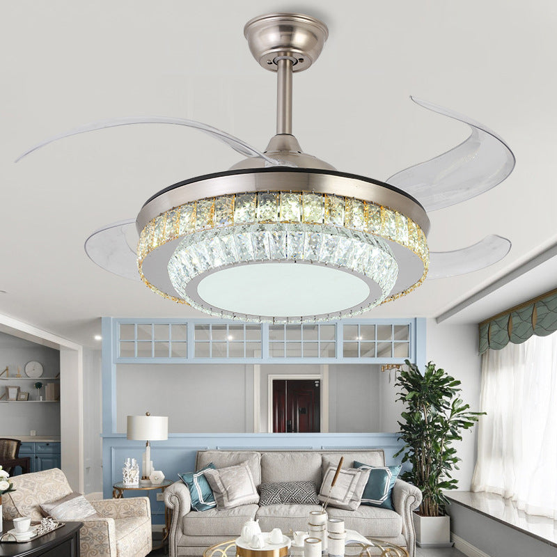 42" Wide 2-Tiered Crystal Semi Flush Mount Modern Silver LED Ceiling Fan Light with 4-Blade and Remote Silver Remote Clearhalo 'Ceiling Fans with Lights' 'Ceiling Fans' 'Modern Ceiling Fans' 'Modern' Lighting' 2405035
