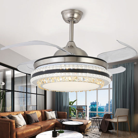 42" Wide 2-Tiered Crystal Semi Flush Mount Modern Silver LED Ceiling Fan Light with 4-Blade and Remote Clearhalo 'Ceiling Fans with Lights' 'Ceiling Fans' 'Modern Ceiling Fans' 'Modern' Lighting' 2405036