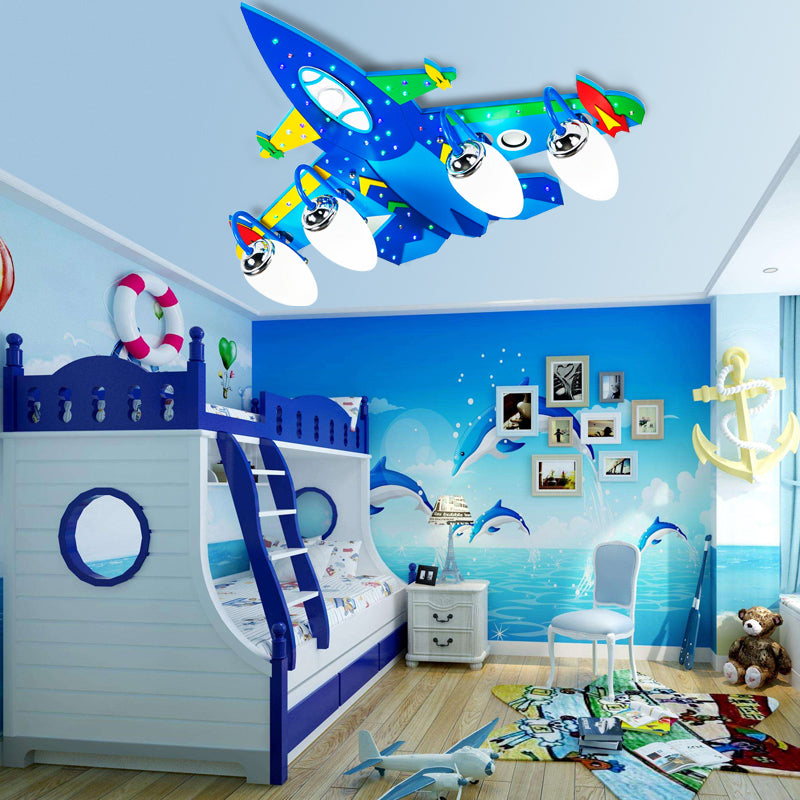 Jet Childrens Bedroom Ceiling Lamp Wooden Cartoon Flush Mount Light Fixture in Blue Clearhalo 'Ceiling Lights' 'Close To Ceiling Lights' 'Close to ceiling' 'Flush mount' Lighting' 2405186