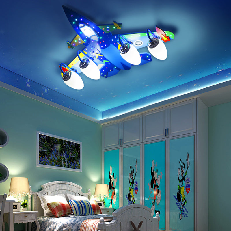 Jet Childrens Bedroom Ceiling Lamp Wooden Cartoon Flush Mount Light Fixture in Blue Clearhalo 'Ceiling Lights' 'Close To Ceiling Lights' 'Close to ceiling' 'Flush mount' Lighting' 2405188
