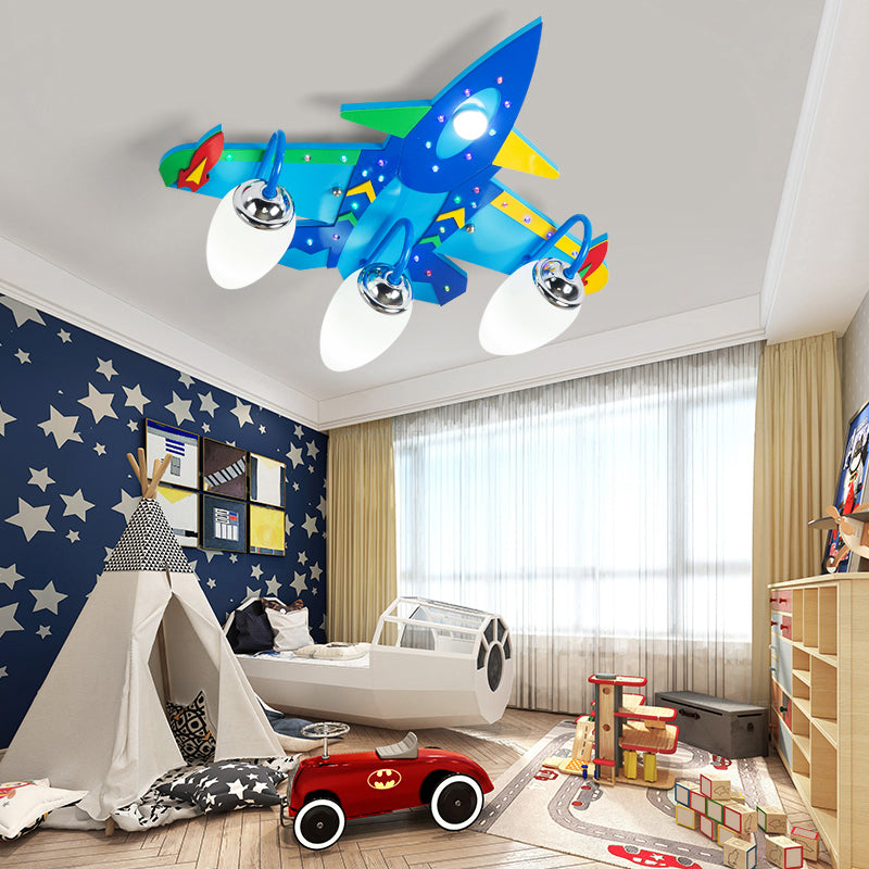 Jet Childrens Bedroom Ceiling Lamp Wooden Cartoon Flush Mount Light Fixture in Blue Clearhalo 'Ceiling Lights' 'Close To Ceiling Lights' 'Close to ceiling' 'Flush mount' Lighting' 2405189