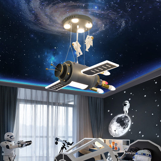 Grey Spacecraft LED Chandelier Cartoon Metal Hanging Pendant Light for Kids Bedroom Clearhalo 'Ceiling Lights' 'Chandeliers' Lighting' 2405272
