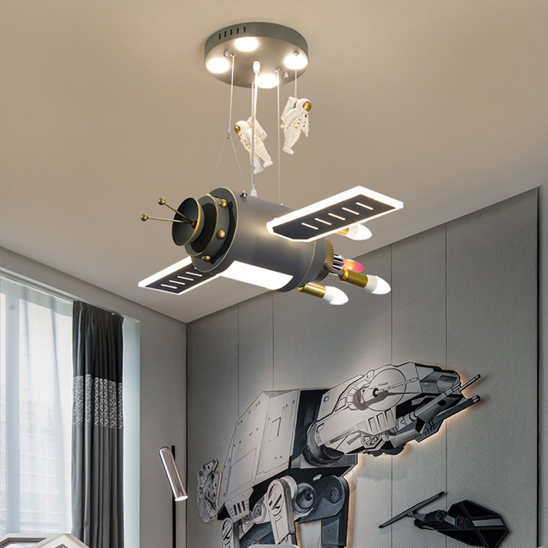 Grey Spacecraft LED Chandelier Cartoon Metal Hanging Pendant Light for Kids Bedroom Clearhalo 'Ceiling Lights' 'Chandeliers' Lighting' 2405275