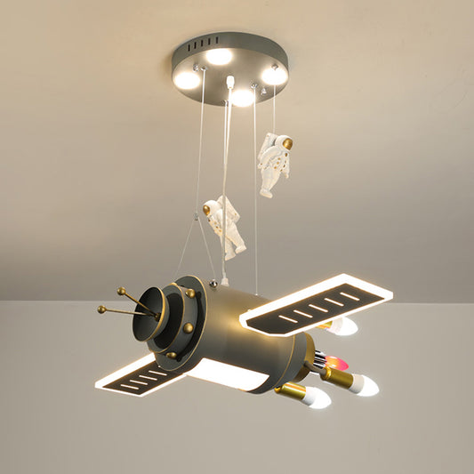 Grey Spacecraft LED Chandelier Cartoon Metal Hanging Pendant Light for Kids Bedroom Clearhalo 'Ceiling Lights' 'Chandeliers' Lighting' 2405276