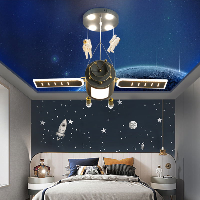 Grey Spacecraft LED Chandelier Cartoon Metal Hanging Pendant Light for Kids Bedroom Clearhalo 'Ceiling Lights' 'Chandeliers' Lighting' 2405277