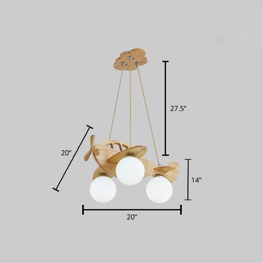 Cartoon 3-Light Chandelier Beige Helicopter Pendant Lighting with Ball White Glass Shade Wood Clearhalo 'Ceiling Lights' 'Chandeliers' Lighting' 2405280