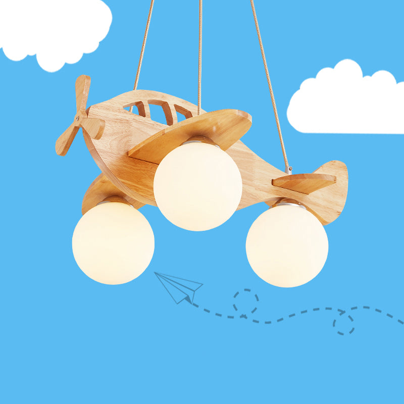 Cartoon 3-Light Chandelier Beige Helicopter Pendant Lighting with Ball White Glass Shade Clearhalo 'Ceiling Lights' 'Chandeliers' Lighting' 2405282