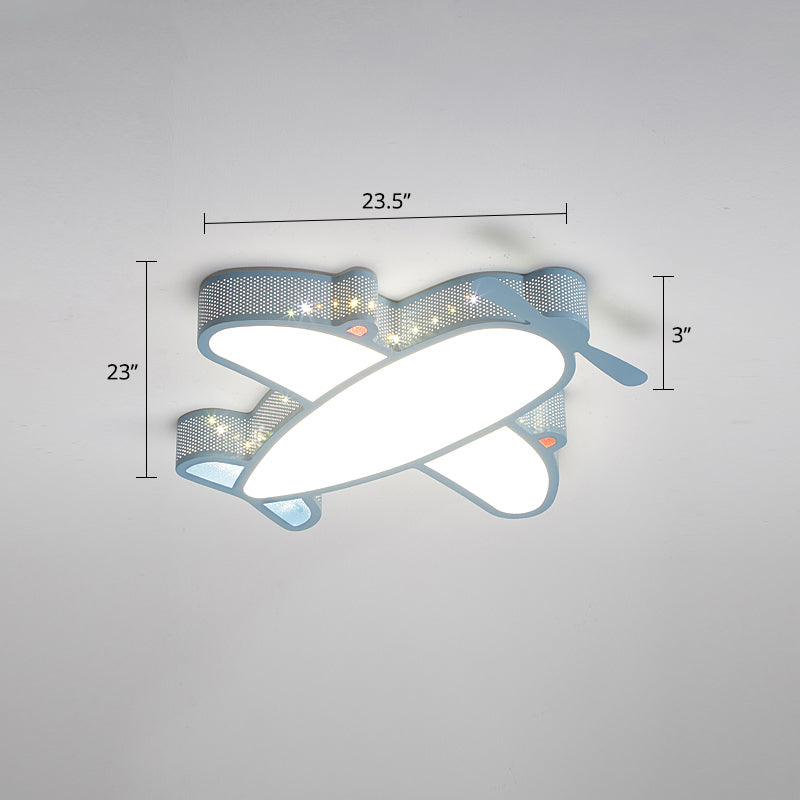Metal Airplane Flushmount Light Cartoon LED Ceiling Light Fixture with Hollowed-out Design Blue 23.5" Remote Control Stepless Dimming Clearhalo 'Ceiling Lights' 'Close To Ceiling Lights' 'Close to ceiling' 'Flush mount' Lighting' 2405349