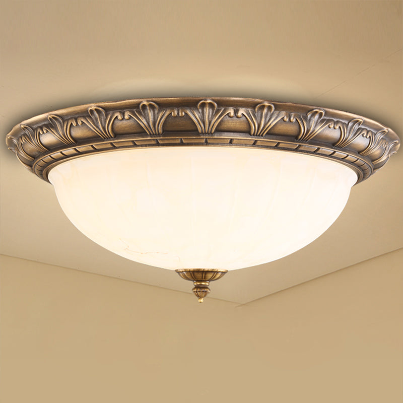Antique Domed Shaped Flush Light Milky Glass Ceiling Mounted Light in Bronze for Bedroom 4 Bronze Flower Clearhalo 'Ceiling Lights' 'Close To Ceiling Lights' 'Close to ceiling' 'Flush mount' Lighting' 2405386