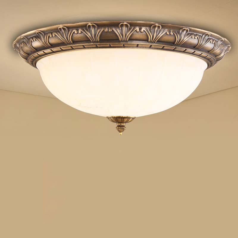 Antique Domed Shaped Flush Light Milky Glass Ceiling Mounted Light in Bronze for Bedroom 3 Bronze Flower Clearhalo 'Ceiling Lights' 'Close To Ceiling Lights' 'Close to ceiling' 'Flush mount' Lighting' 2405387