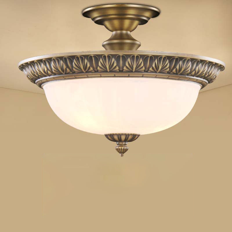 4-Light Opal Glass Ceiling Lamp Traditional Bronze Bowl Shaped Hallway Semi Mount Lighting Bronze Leaf Clearhalo 'Ceiling Lights' 'Close To Ceiling Lights' 'Close to ceiling' 'Semi-flushmount' Lighting' 2405405