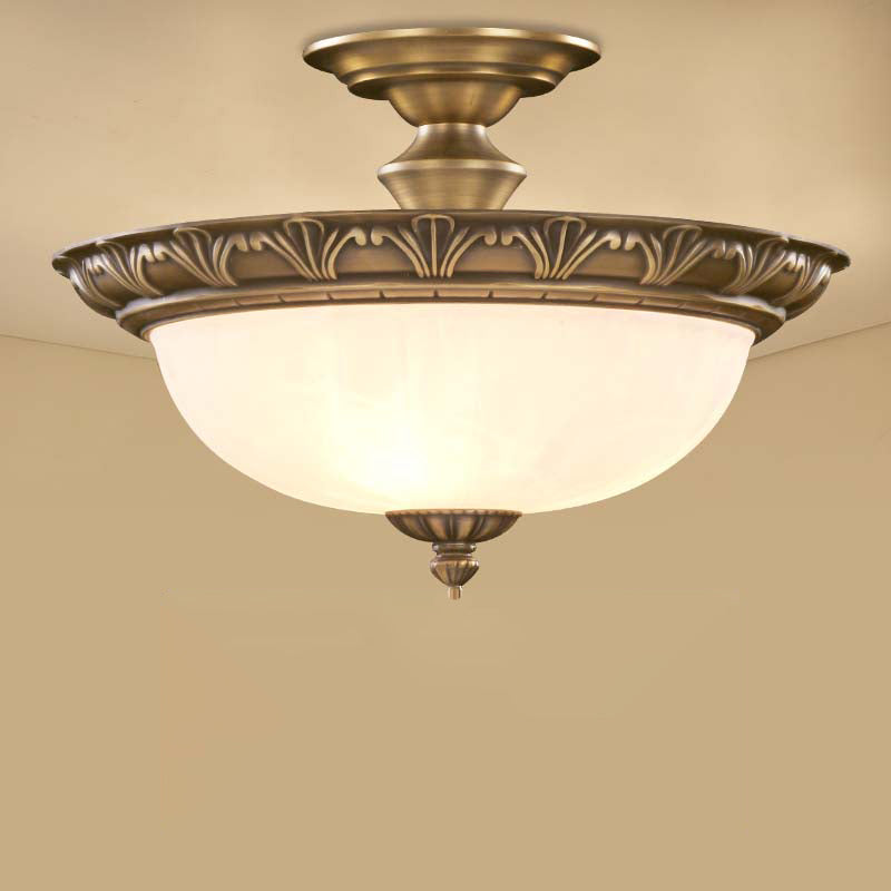 4-Light Opal Glass Ceiling Lamp Traditional Bronze Bowl Shaped Hallway Semi Mount Lighting Bronze Flower Clearhalo 'Ceiling Lights' 'Close To Ceiling Lights' 'Close to ceiling' 'Semi-flushmount' Lighting' 2405406