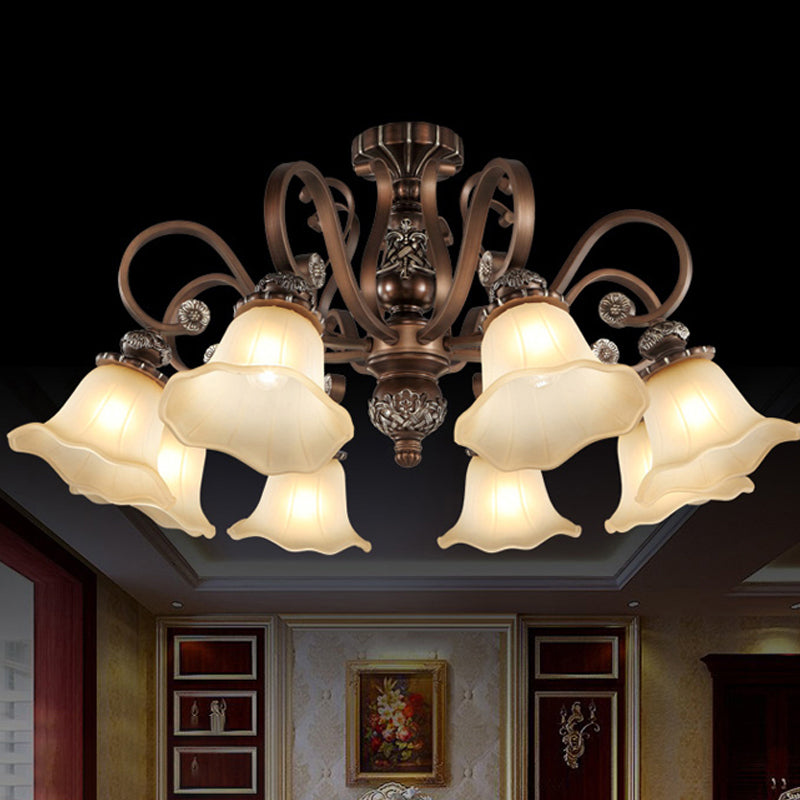 Bronze Finish Flush Chandelier Antique Frosted Glass Flower Semi Flush Ceiling Light for Living Room Clearhalo 'Ceiling Lights' 'Close To Ceiling Lights' 'Close to ceiling' 'Semi-flushmount' Lighting' 2405420