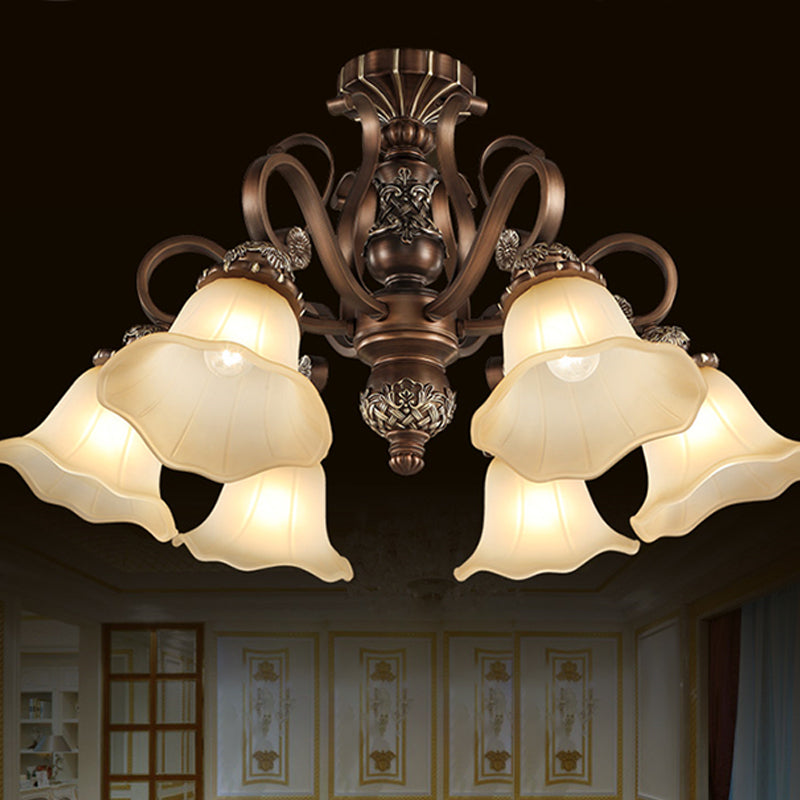 Bronze Finish Flush Chandelier Antique Frosted Glass Flower Semi Flush Ceiling Light for Living Room Clearhalo 'Ceiling Lights' 'Close To Ceiling Lights' 'Close to ceiling' 'Semi-flushmount' Lighting' 2405423