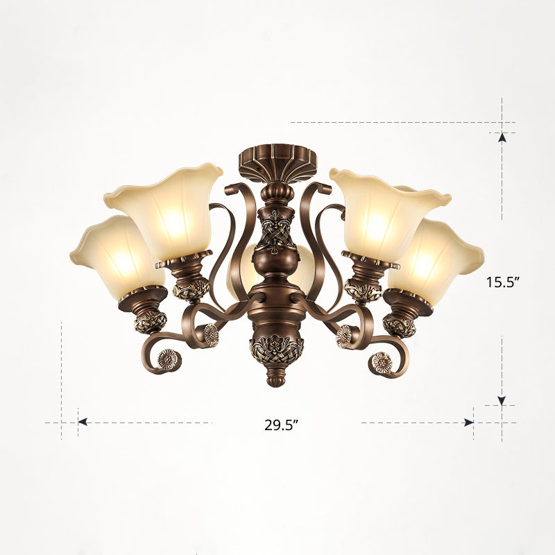 Bronze Finish Flush Chandelier Antique Frosted Glass Flower Semi Flush Ceiling Light for Living Room 5 Bronze Up Clearhalo 'Ceiling Lights' 'Close To Ceiling Lights' 'Close to ceiling' 'Semi-flushmount' Lighting' 2405424
