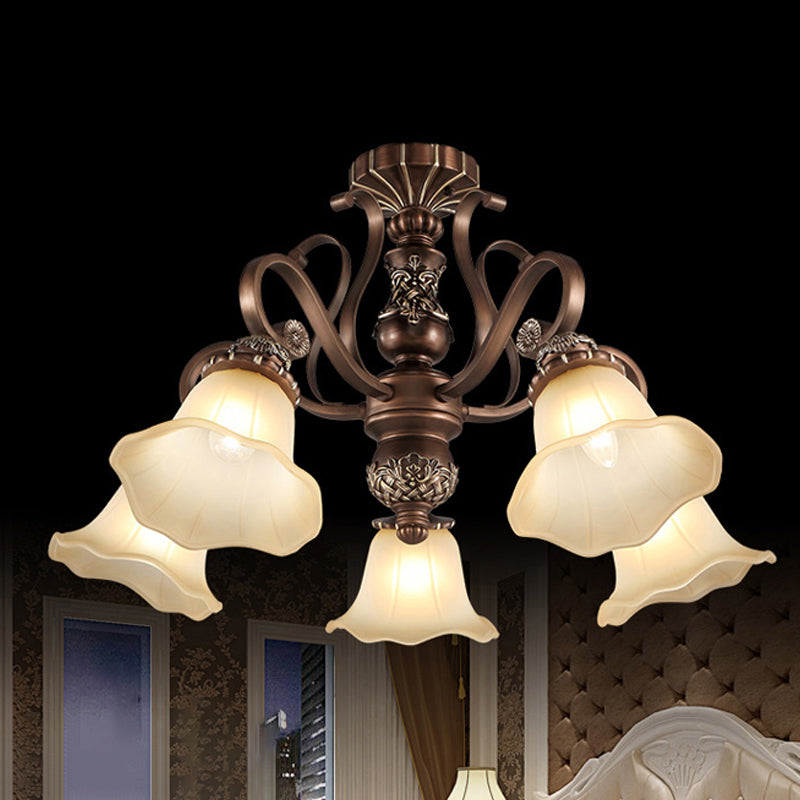 Bronze Finish Flush Chandelier Antique Frosted Glass Flower Semi Flush Ceiling Light for Living Room Clearhalo 'Ceiling Lights' 'Close To Ceiling Lights' 'Close to ceiling' 'Semi-flushmount' Lighting' 2405425