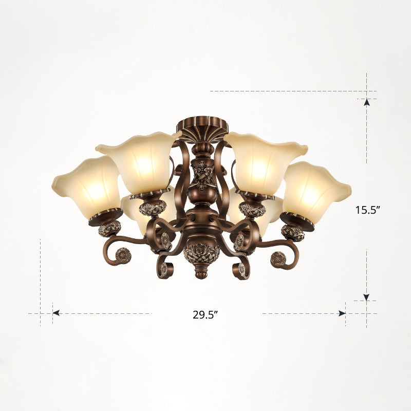 Bronze Finish Flush Chandelier Antique Frosted Glass Flower Semi Flush Ceiling Light for Living Room 6 Bronze Up Clearhalo 'Ceiling Lights' 'Close To Ceiling Lights' 'Close to ceiling' 'Semi-flushmount' Lighting' 2405426