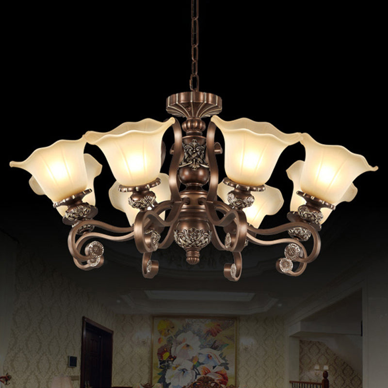 Bronze Finish Flush Chandelier Antique Frosted Glass Flower Semi Flush Ceiling Light for Living Room Clearhalo 'Ceiling Lights' 'Close To Ceiling Lights' 'Close to ceiling' 'Semi-flushmount' Lighting' 2405427
