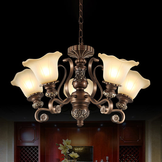 Bronze Finish Flush Chandelier Antique Frosted Glass Flower Semi Flush Ceiling Light for Living Room Clearhalo 'Ceiling Lights' 'Close To Ceiling Lights' 'Close to ceiling' 'Semi-flushmount' Lighting' 2405429