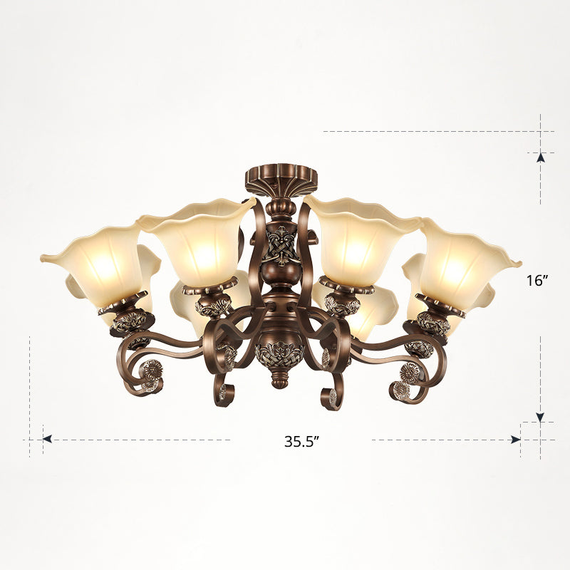 Bronze Finish Flush Chandelier Antique Frosted Glass Flower Semi Flush Ceiling Light for Living Room 8 Bronze Up Clearhalo 'Ceiling Lights' 'Close To Ceiling Lights' 'Close to ceiling' 'Semi-flushmount' Lighting' 2405430