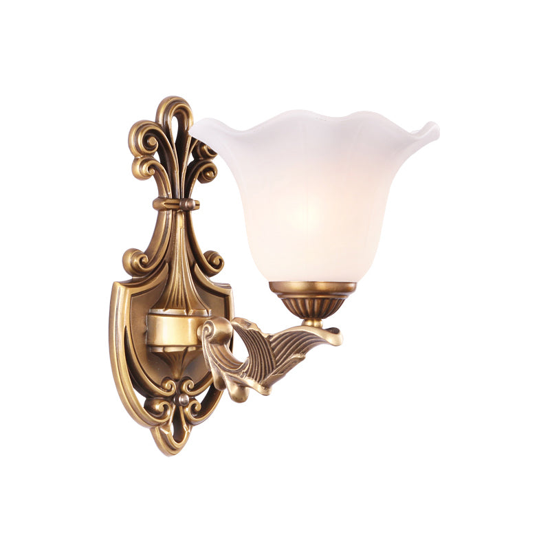 Flower Shaped Foyer Wall Lamp Traditional Opal Glass Bronze Finish Wall Mounted Light 1.0 Bronze Morning Glory Clearhalo 'Wall Lamps & Sconces' 'Wall Lights' Lighting' 2405459