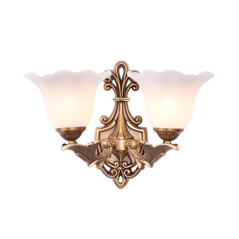 Flower Shaped Foyer Wall Lamp Traditional Opal Glass Bronze Finish Wall Mounted Light 2.0 Bronze Morning Glory Clearhalo 'Wall Lamps & Sconces' 'Wall Lights' Lighting' 2405461