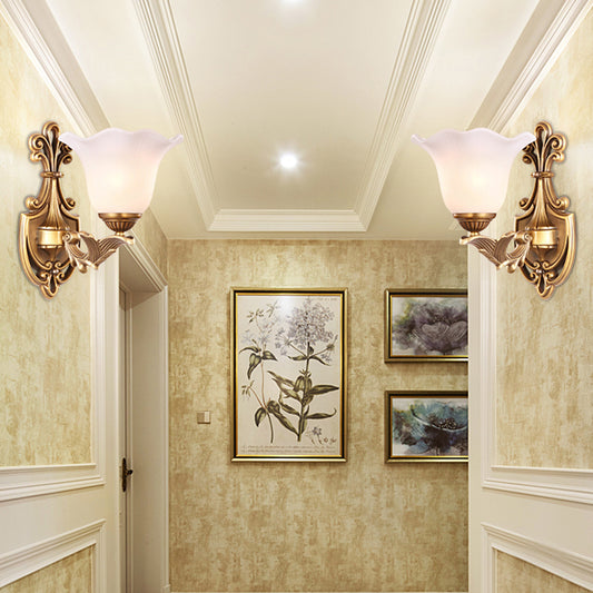 Flower Shaped Foyer Wall Lamp Traditional Opal Glass Bronze Finish Wall Mounted Light Clearhalo 'Wall Lamps & Sconces' 'Wall Lights' Lighting' 2405462