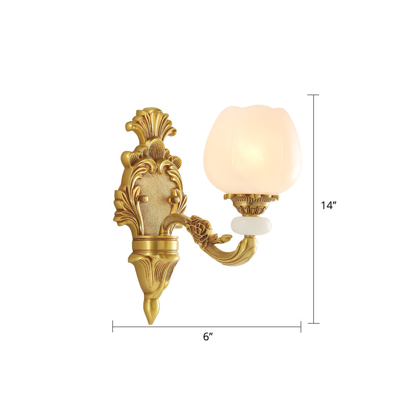 Flower Shaped Foyer Wall Lamp Traditional Opal Glass Bronze Finish Wall Mounted Light 1.0 Bronze Lotus Clearhalo 'Wall Lamps & Sconces' 'Wall Lights' Lighting' 2405465