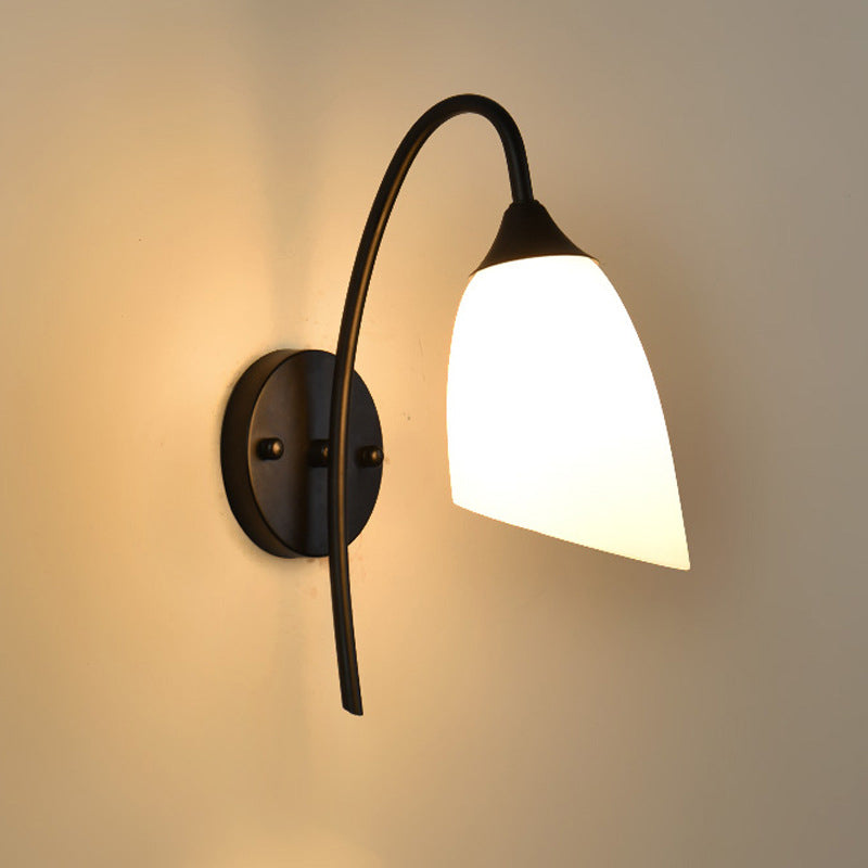Black Finish Gooseneck Wall Light Rustic Metal 1 Bulb Bedroom Sconce Lamp with Milk Glass Shade Clearhalo 'Wall Lamps & Sconces' 'Wall Lights' Lighting' 2405475