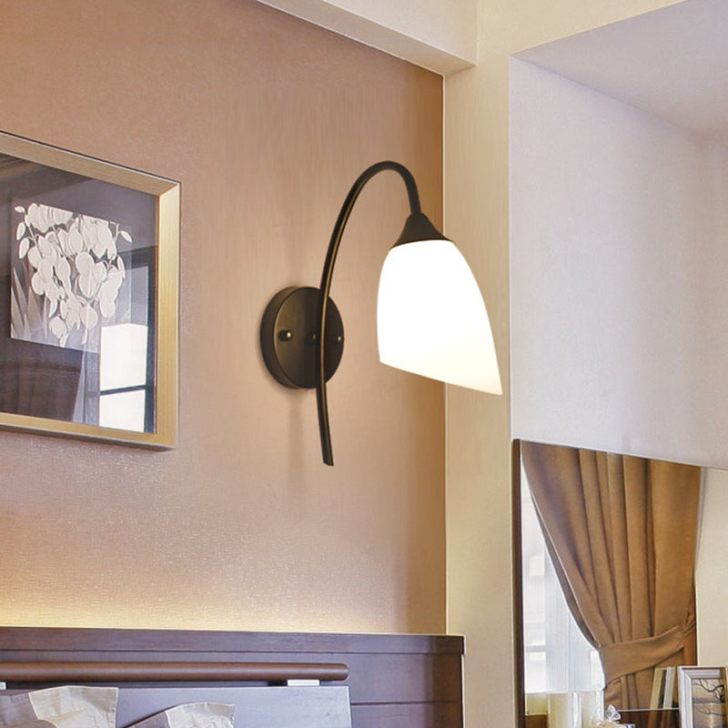 Black Finish Gooseneck Wall Light Rustic Metal 1 Bulb Bedroom Sconce Lamp with Milk Glass Shade Black 4" Clearhalo 'Wall Lamps & Sconces' 'Wall Lights' Lighting' 2405476
