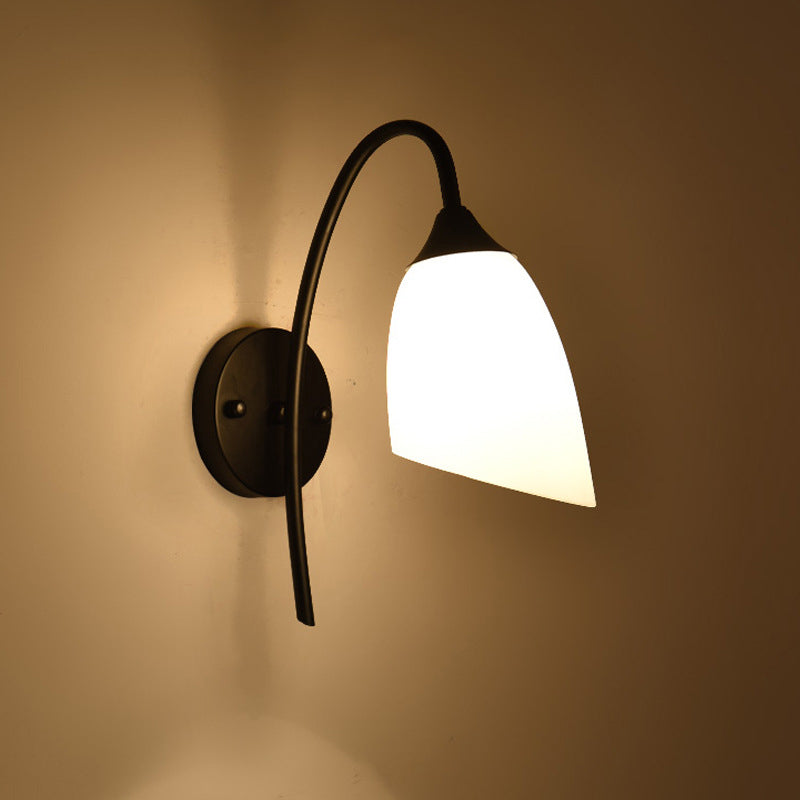Black Finish Gooseneck Wall Light Rustic Metal 1 Bulb Bedroom Sconce Lamp with Milk Glass Shade Clearhalo 'Wall Lamps & Sconces' 'Wall Lights' Lighting' 2405478