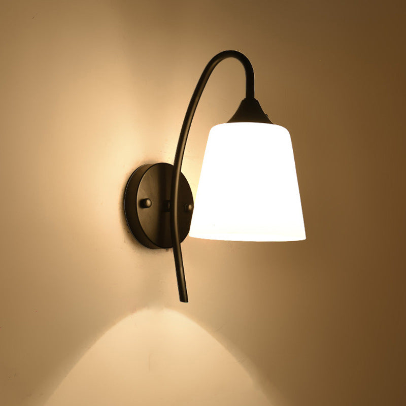 Black Finish Gooseneck Wall Light Rustic Metal 1 Bulb Bedroom Sconce Lamp with Milk Glass Shade Clearhalo 'Wall Lamps & Sconces' 'Wall Lights' Lighting' 2405480