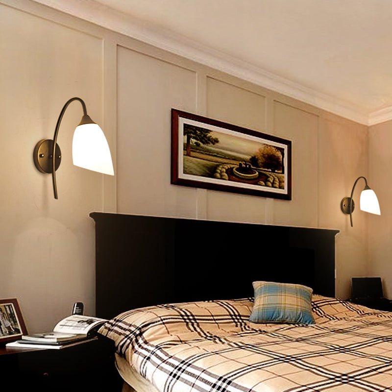 Black Finish Gooseneck Wall Light Rustic Metal 1 Bulb Bedroom Sconce Lamp with Milk Glass Shade Clearhalo 'Wall Lamps & Sconces' 'Wall Lights' Lighting' 2405482