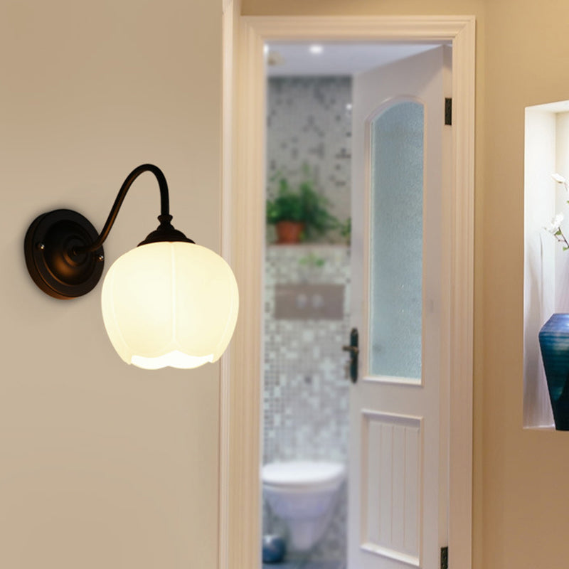 1-Light Flower Bud Wall Sconce Lamp Countryside White Glass Wall Lighting with Gooseneck Arm Clearhalo 'Wall Lamps & Sconces' 'Wall Lights' Lighting' 2405502