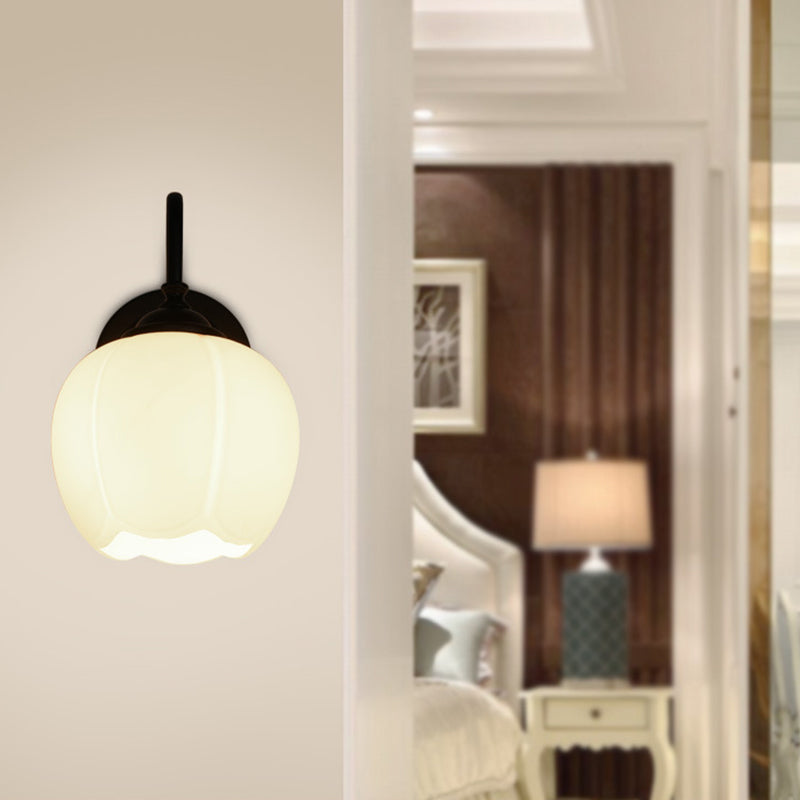1-Light Flower Bud Wall Sconce Lamp Countryside White Glass Wall Lighting with Gooseneck Arm Clearhalo 'Wall Lamps & Sconces' 'Wall Lights' Lighting' 2405503
