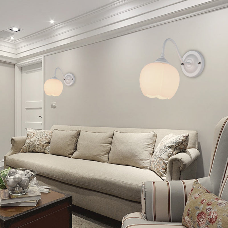 1-Light Flower Bud Wall Sconce Lamp Countryside White Glass Wall Lighting with Gooseneck Arm Clearhalo 'Wall Lamps & Sconces' 'Wall Lights' Lighting' 2405507