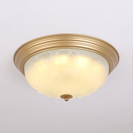3-Light Frosted Glass Flush Ceiling Light Colonial Style Dome Bedroom Flushmount Lighting Beige 19.5" Clearhalo 'Ceiling Lights' 'Close To Ceiling Lights' 'Close to ceiling' 'Flush mount' Lighting' 2405532