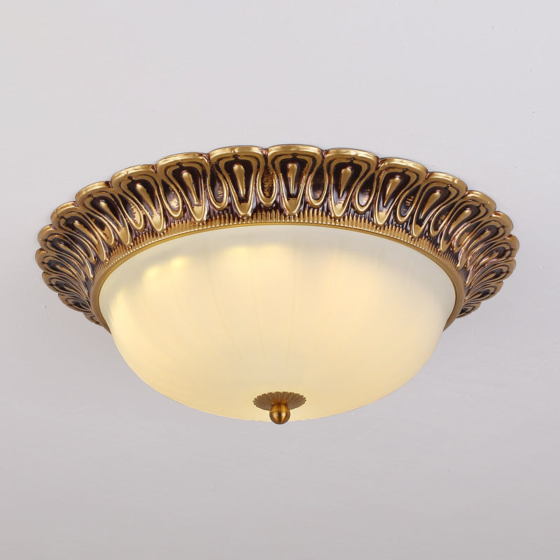 3-Light Frosted Glass Flush Ceiling Light Colonial Style Dome Bedroom Flushmount Lighting Bronze 19.5" Clearhalo 'Ceiling Lights' 'Close To Ceiling Lights' 'Close to ceiling' 'Flush mount' Lighting' 2405535