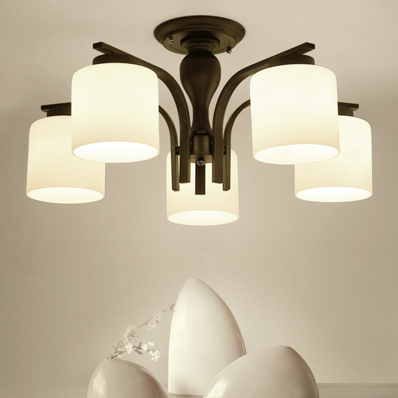 Semi Flush Mount Chandelier Country Living Room Ceiling Light with Cylindrical Milk Glass Shade in Black Clearhalo 'Ceiling Lights' 'Close To Ceiling Lights' 'Close to ceiling' 'Glass shade' 'Glass' 'Semi-flushmount' Lighting' 2405553
