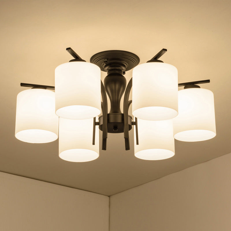 Semi Flush Mount Chandelier Country Living Room Ceiling Light with Cylindrical Milk Glass Shade in Black 6 Black Clearhalo 'Ceiling Lights' 'Close To Ceiling Lights' 'Close to ceiling' 'Glass shade' 'Glass' 'Semi-flushmount' Lighting' 2405554
