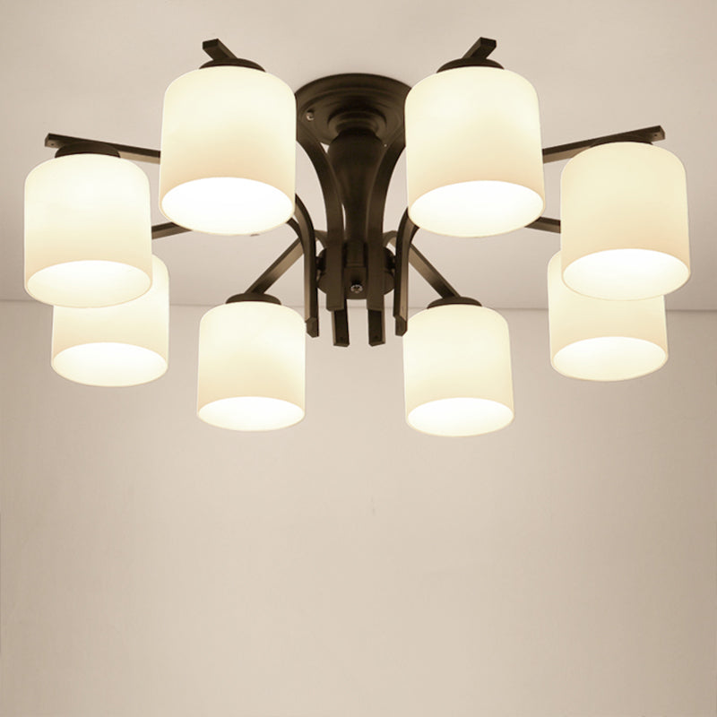Semi Flush Mount Chandelier Country Living Room Ceiling Light with Cylindrical Milk Glass Shade in Black 8 Black Clearhalo 'Ceiling Lights' 'Close To Ceiling Lights' 'Close to ceiling' 'Glass shade' 'Glass' 'Semi-flushmount' Lighting' 2405555