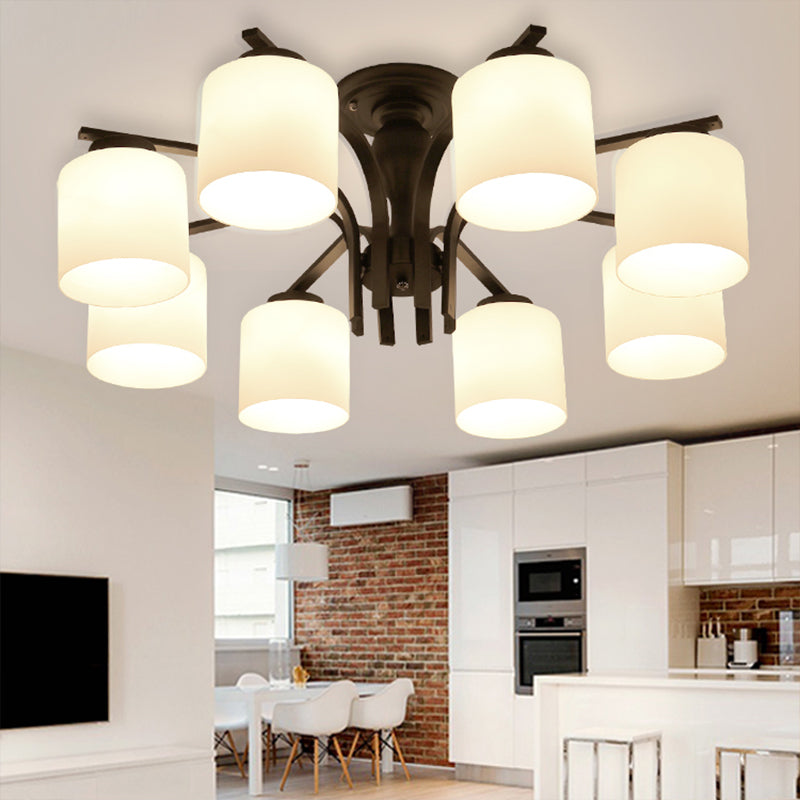 Semi Flush Mount Chandelier Country Living Room Ceiling Light with Cylindrical Milk Glass Shade in Black Clearhalo 'Ceiling Lights' 'Close To Ceiling Lights' 'Close to ceiling' 'Glass shade' 'Glass' 'Semi-flushmount' Lighting' 2405556