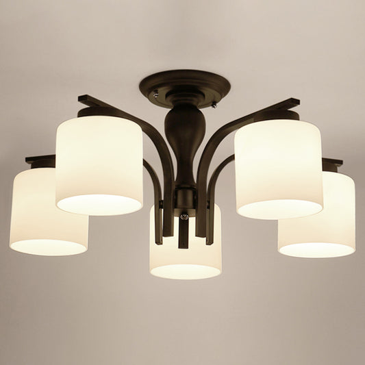 Semi Flush Mount Chandelier Country Living Room Ceiling Light with Cylindrical Milk Glass Shade in Black 5 Black Clearhalo 'Ceiling Lights' 'Close To Ceiling Lights' 'Close to ceiling' 'Glass shade' 'Glass' 'Semi-flushmount' Lighting' 2405557