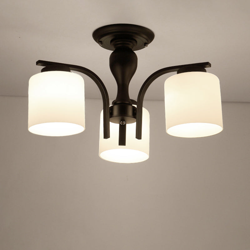 Semi Flush Mount Chandelier Country Living Room Ceiling Light with Cylindrical Milk Glass Shade in Black 3 Black Clearhalo 'Ceiling Lights' 'Close To Ceiling Lights' 'Close to ceiling' 'Glass shade' 'Glass' 'Semi-flushmount' Lighting' 2405559