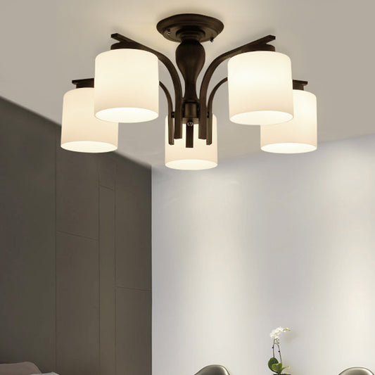 Semi Flush Mount Chandelier Country Living Room Ceiling Light with Cylindrical Milk Glass Shade in Black Clearhalo 'Ceiling Lights' 'Close To Ceiling Lights' 'Close to ceiling' 'Glass shade' 'Glass' 'Semi-flushmount' Lighting' 2405560