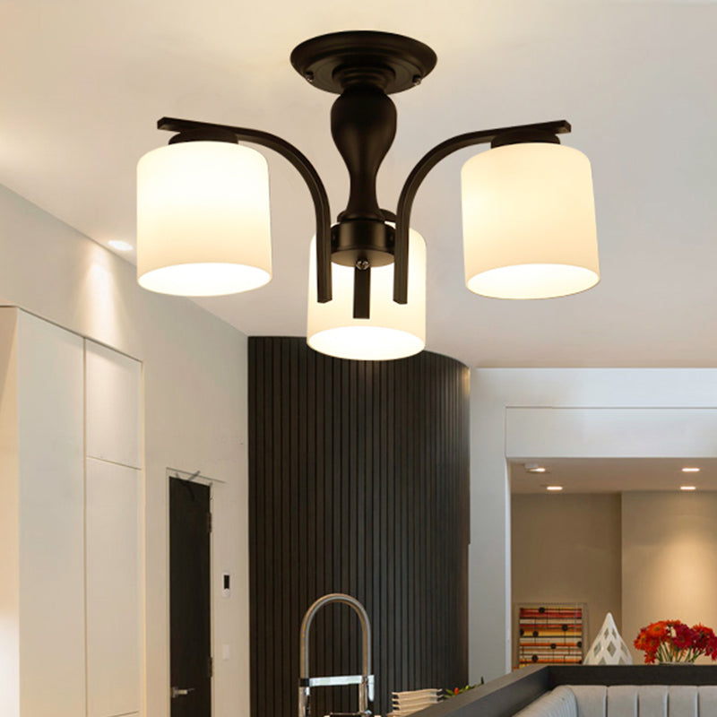 Semi Flush Mount Chandelier Country Living Room Ceiling Light with Cylindrical Milk Glass Shade in Black Clearhalo 'Ceiling Lights' 'Close To Ceiling Lights' 'Close to ceiling' 'Glass shade' 'Glass' 'Semi-flushmount' Lighting' 2405561
