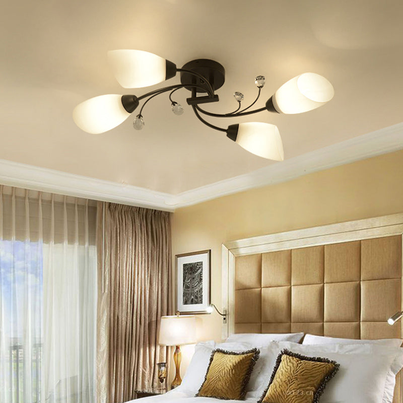 Floral Swirl Ceiling Light Fixture Rustic Black Opal Glass Semi Flush Light for Living Room 4 Black Clearhalo 'Ceiling Lights' 'Chandeliers' 'Close To Ceiling Lights' 'Close to ceiling' 'Glass shade' 'Glass' 'Semi-flushmount' Lighting' 2405563